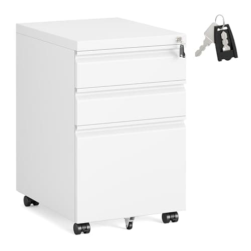 Image of SONGMICS 3 Drawer File Cabinet, Metal Filing Cabinet for Home Office, Steel Construction, 3 Lockable Drawers, Rolling Printer Stand for Office, 39 x 50 x 62 cm, Matte White OFC033W101