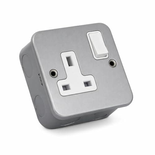 Image of SHPELEC® Grey Metal Clad 1 Gang 13A Switched Socket – Heavy Duty Single Plug Socket with Switch & Surface Back Box – Ideal for Garage, Workshop, Utility