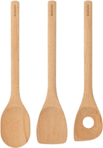 Image of Brabantia 3 Piece Wooden Kitchen Utensil Set (Beech Wood) Spoon, Spatula & Corner Spoon - Sustainable Cookware