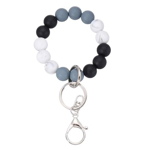 Image of sourcing map Silicone Beaded Wristlet Keychain, Cute Key Ring Bracelet Stretchy Key Wristlet for Women Car Keys Wallets, Silver(Black/White/Grey)