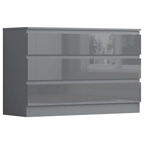 Image of Nera High Gloss 6 Drawer Chest of Drawers Wood, Dresser Drawers for Bedroom Furniture Storage Unit Drawers for Clothes (Grey Gloss (Matt Grey))