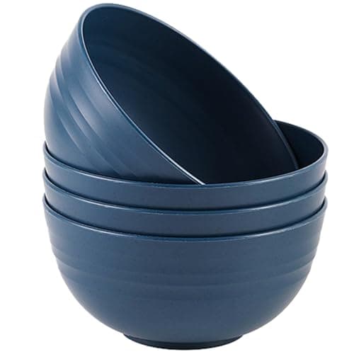 Image of QHNTXQD Unbreakable Cereal Bowls, 24 OZ Lightweight Plastic Bowl Set of 4, Reusable Soup Bowls for Rice Noodle Soup Snack Salad Fruit, Dishwasher & Microwave Safe (Dark Blue)