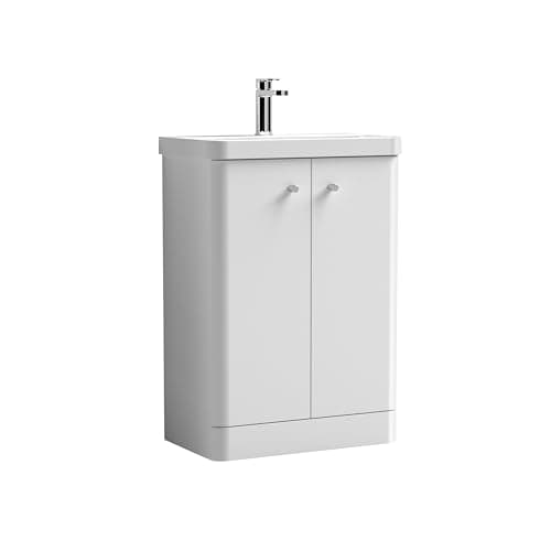Image of Balterley Vanity Unit with Basin Floor Standing, Soft Close 2 Door with Handles & Thin Edge Sink, Bathroom Vanity Units with Basin, Bathroom Sink Storage Cabinet - 605 x 355 x 863mm (White)