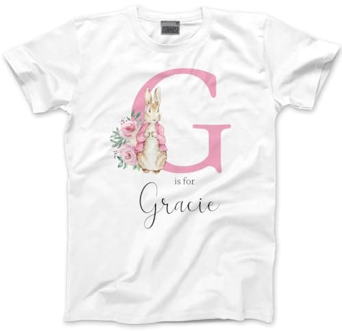 Image of Personalised Easter TShirt - Cute Customised Girls Peter Bunny Bunnies Initial Name Kid T-Shirt Beatrix Rabbit Easter Egg Hunt Sunday Monday Matching Outfit Unisex Top Tee - 5-6 Years Pink Bunny White