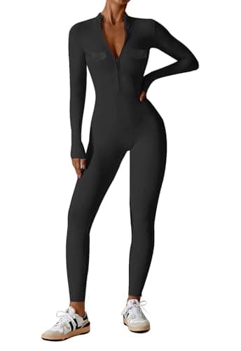 Image of ECUPPER Womens One Piece Workout Jumpsuits Zip Up Bodysuit Long Sleeve Yoga Rompers Full Length Sports Gym Shapewear with Black Pocket L