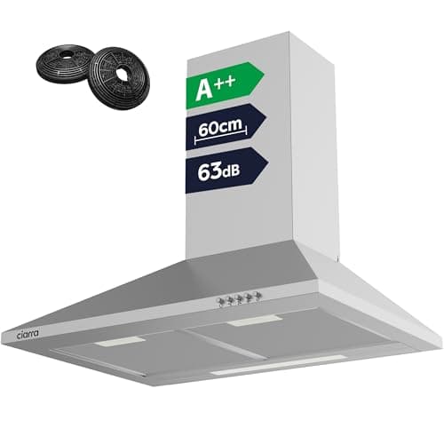 Image of CIARRA Cooker Hoods 60cm CBCS6201 Stainless Steel Chimney vent Hood 600mm with Carbon Filters Recirculating Ducting Wall Mounted Kitchen Ventilation Extractor Fan