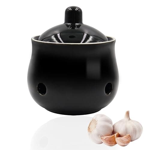 Image of Simaixing Ceramic Garlic Keeper for Counter, Garlic Holder Storage Jar with Lid, Vented Ginger Potato and Onion Storage Containers for Kitchen Countertop Decor (Black)