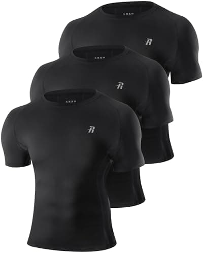 Image of Runhit Men's Compression Shirt, 3 Pack Black Short Sleeve Gym Compression Top, Quick Dry Muscle Fit Sports T-Shirt Baselayer for Workout Training Running L