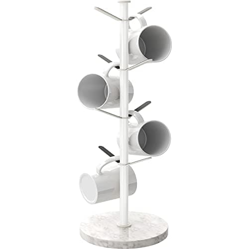 Image of Gypie Marble Mug Tree Stand, 8 Hooks Coffee Cup Holder Storage Rack, Weighted Marble Base Stable Mug Holders for Kitchen Counter Cabinet Cafe (White)