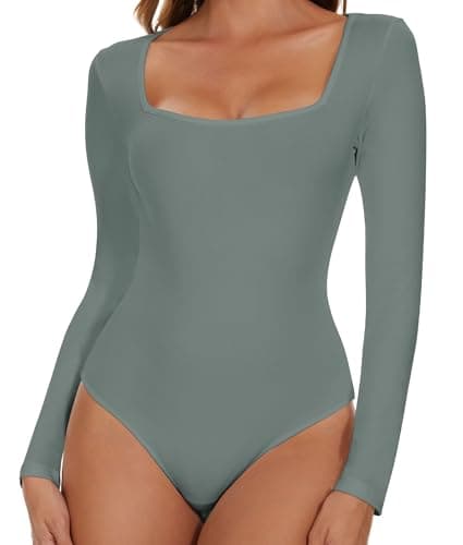 Image of SHAPERIN Women's Bodysuit Square Neck Long Sleeve Body Suit Top Tanga Leotard Jumpsuit Tops Elegant Bodysuits Going Out Grey Green L