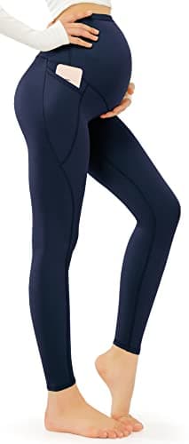 Image of JOYSPELS Women's Maternity Leggings Over Bump with Pockets Soft Belly Support Yoga Pants Workout Pregnancy Gym Leggings UK Navy Blue S