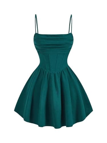 Image of GORGLITTER Women's A Line Flowy Ruffle Mini Cocktail Dress Ruched Sleeveless Corset Dresses Dark Green Large