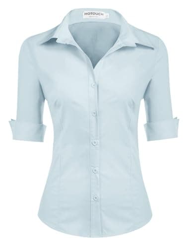 Image of HOTOUCH Womens Blouses 3/4 Sleeve Cotton Shirt Ladies Office Shirts Basic Fitted Blouse V-Neck Short Sleeve Top Light Blue M