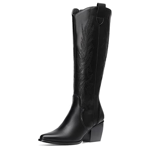 Image of DREAM PAIRS Cowboy Boots,Western Cowgirl Boots for Women,Knee High Boots,Comfortable and Fashion Pull On Zipper Chunky Heel Pointed Toe Embroidered Boots,Size 5.5,Black/pu,SDKB224W