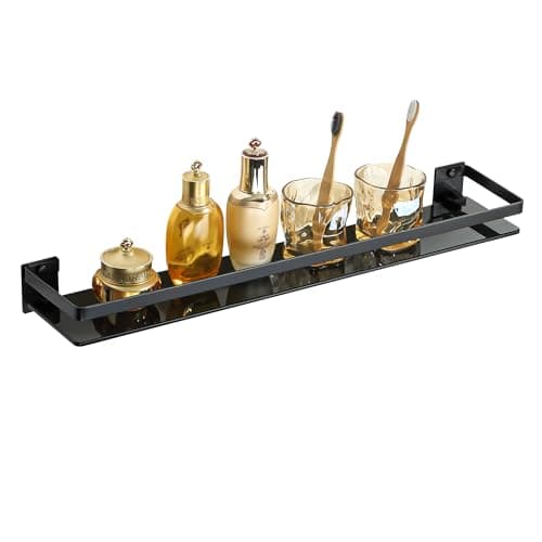 Image of SAYAYO Black Bathroom Shelf Tempered Glass Shelf Wall Mounted with Large Capacity 60CM Shower Storage with SUS304 Stainless Steel Rail
