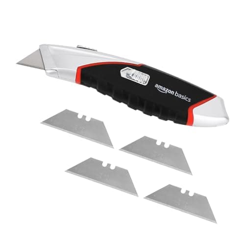 Image of Amazon Basics Heavy Duty Retractable Auto-Load Ergonomic Utility Knife 3-Position Locking Blade with 4 Replaceable Blades in Designed Storage, Black/Silver