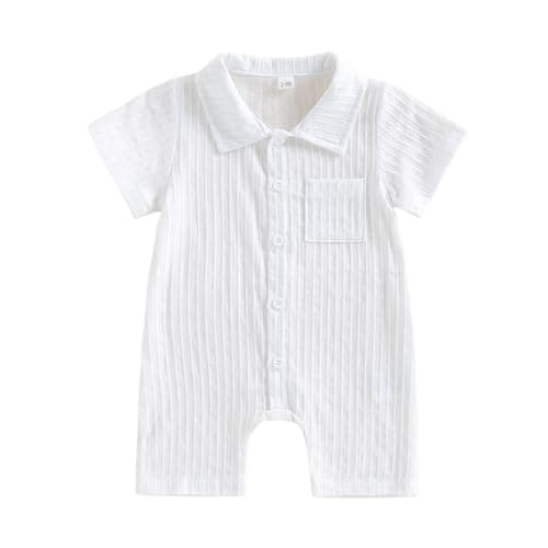 Image of Himllauen Infant Baby Boy Summer Romper Shirt Casual Striped Texture Solid Color Button Down Short Sleeve Jumpsuit Newborn Daily Wear (White, 3-6 Months)