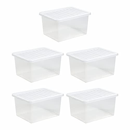 Image of JMS we create smile [Set of 5 x 37 Litre Plastic Clear Crystal Storage Boxes & Lids for Home, Office & Garage Stackable Nestable Made in UK.