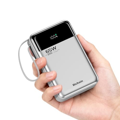 Image of Hichain Laptop Power Bank 65W 20000mAh Portable Charger with Built-in USB-C Cable, 3-Port Fast Charging Battery Pack for MacBook iPhone 17 16/15 Series Android Switch Travel Essential Silver
