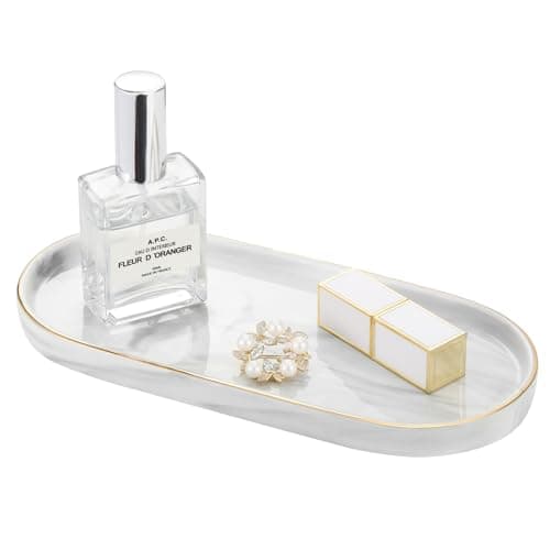 Image of Luxspire Bathroom Vanity Tray, Marble Ceramic Dresser Jewelry Dish with Golden Rim, Decorative Tray Countertop Sink Storage Holder Organiser for Soap Candles Perfume Cosmetic Home Decor, Marble White