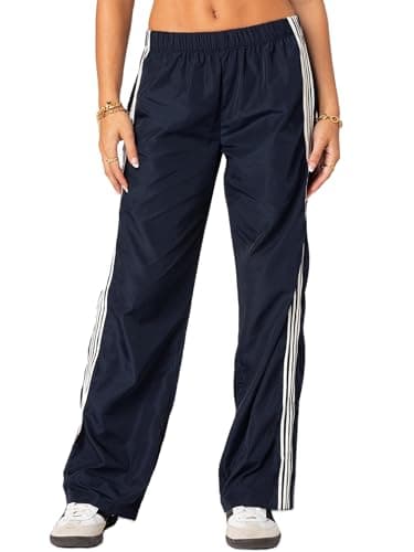 Image of Kouoybt Women's Wide Leg Sweatpants Casual Stripe Track Joggers Sweatpants Trendy Baggy Long Pants High Waisted Trousers (A-Dark Blue, M)