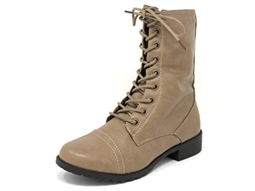 Image of Forever Link Womens Round Toe Military Lace Up Knit Ankle Cuff Low Heel Combat Boots, Taupe, 6 UK