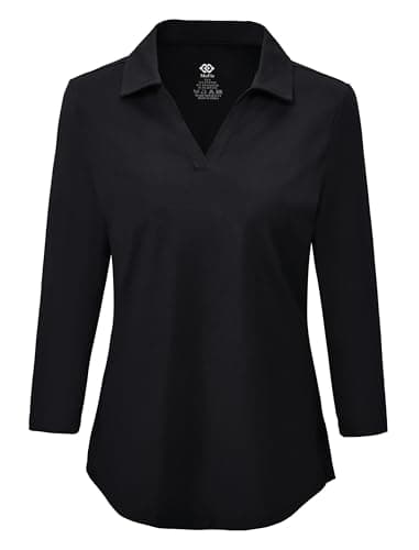 Image of MoFiz Women's Polo Shirts 3/4 Sleeve Cotton Golf Shirt V-Neck Casual Work Sports Tennis Golf Top Black
