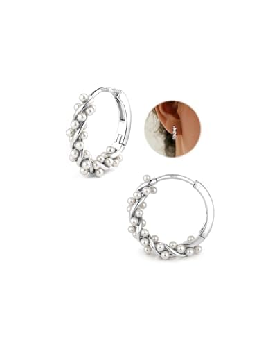 Image of YADOCA 925 Sterling Silver Earrings Pearls Twist Hoop Earring for Women Teens Silver Pearls Hoop Earring Wedding Bridal Earrings