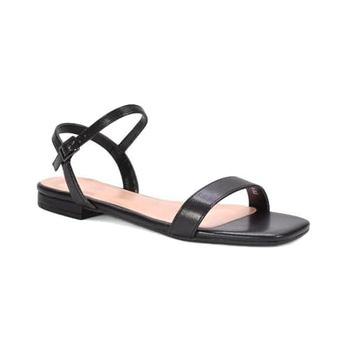 Image of ESSEX GLAM Women's Flat Strappy Sandals Ladies Ankle Strap Open Toe Buckle Black Synthetic Leather Shoes Size 7
