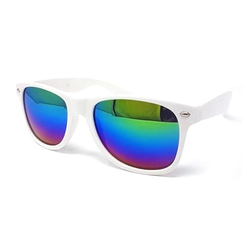 Image of WS UK Adults Classic Sunglasses with UV400 Protection - Unisex (White Frame Rainbow Mirrored Lens)