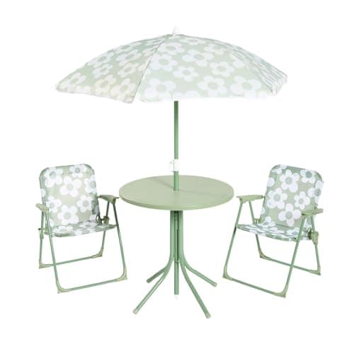 Image of OHS Kids Table and Chair Sets, Daisy Print Garden Furniture 4 Piece Kids Outdoor Table and Chairs 2 with Parasol Patio Outdoor Dining Set Folding Chair for Playtimes Balcony Bistro Set, Sage Green