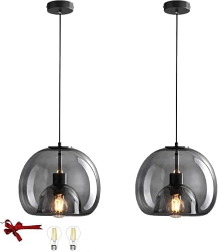 Image of Bravsekai Glass Pendant Kitchen Island Light, 2 Packs Smoked Glass Pendant Lighting fixtures with Extra 2 Bulbs,Adjustable 130cm Cord, Modern Light for Kitchen Island,Dining Room(23cm, 2-Pack)