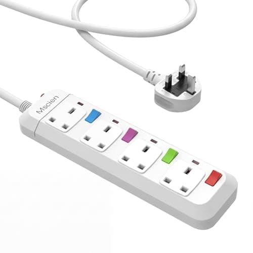 Image of Mscien Extension Lead 1M 4 Way Wall Mounted, 1M Extension Lead Switched with Multiple Protection, Fused Power Strip 4 Sockets White, 2500W Extension Cord