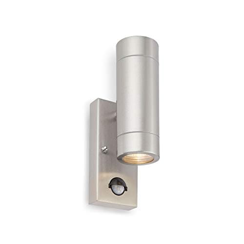 Image of PALIN Outdoor Lights with Built-in PIR – Outside Lights Mains Powered – GU10 LED Compatible Outdoor Wall Lights – Up Down Outside Lights – IP44 Rated Wall Light, Brushed Stainless Steel