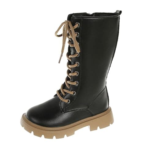 Image of NSICBMNO Black Knee High Boots Girls Chunky Boot Lace Up Boots Size Zip Platform Combat Biker Boot Kids Cowgirl School For Girls Low Heels
