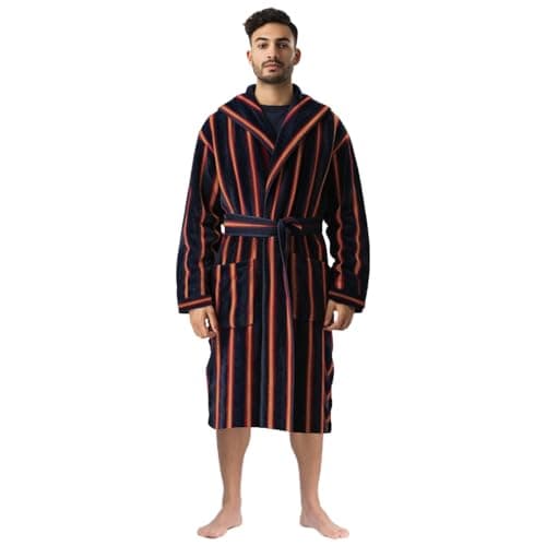 Image of Stars and Stripes Luxury Men's Navy Yellow Stripe Pattern 100% Cotton Velour Bathrobe Men's British Designed Jacquard Yarn Dyed(Multicolor,L/XL)
