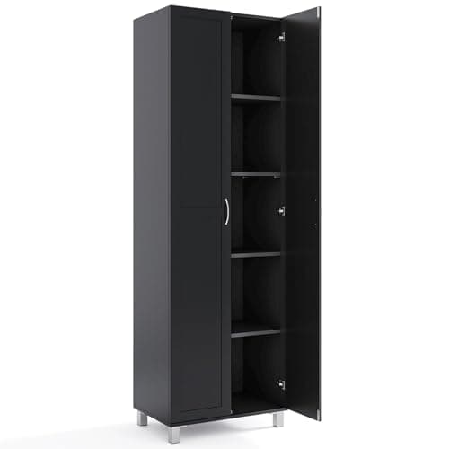 Image of TANGZON 187cm Tall Kitchen Cupboard, 2-Door Freestanding Pantry Cabinet with Adjustable Shelf & Anti-toppling Device, Wooden Storage Cabinet for Home Kitchen Dining Living Room (Black)