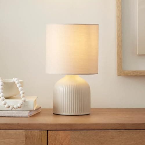 Image of New Contemporary Design Ribbed Ceramic Base with Soft Fabric Shade & Line Switch Table Lamp Office Home Decor (Cream)