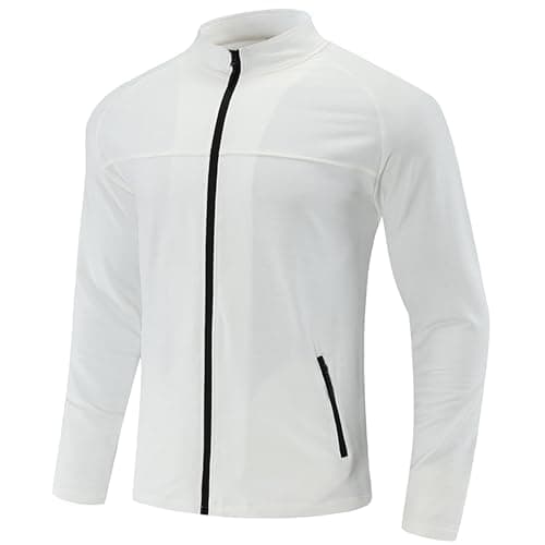 Image of MakingDa Mens Muscle Fit Jacket Full Zip Running Sweatshirts Stretch Quick Drying Tracksuit Coat Top Lightweight Comfy Jogging Workout Gym Clothes for Fitness Hiking Cycling Fishing-White-M