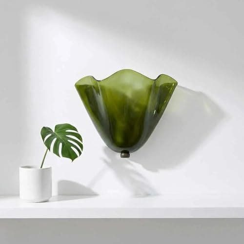 Image of Mid Century Wall Sconce, Amber Glass Scallop Light Fixture – Vintage Art Deco Lamp for Bathroom Vanity, Bedroom – Warm Coastal Ambience, Hardwired Antique Brass E12(Green)
