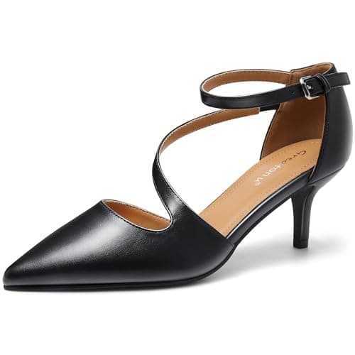 Image of Greatonu Womens Court Shoes D'Orsay Ankle Strap Low Kitten Heel Dress Pumps Wedding Bridal Black Pu UK 3.5