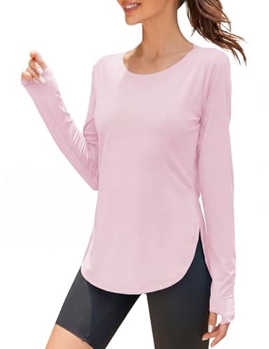Image of Rapbin Women's Long Sleeve Gym Tops Workout Running Sports Shirts Ladies Lightweight Breathable Sun Protection Shirt UPF 50+ Quick Dry T-Shirt with Thumbhole Light Pink S