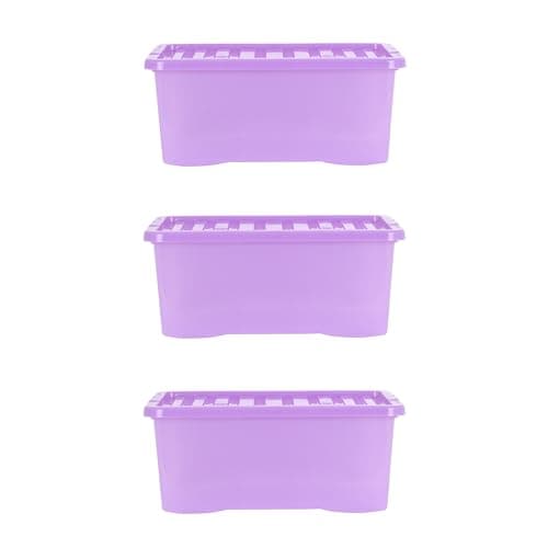 Image of Wham Crystal 3 x 45L Stackable Plastic Storage Boxes with Lids | Ideal for Home, Office, Toys & More | Large Boxes | Made in UK - Sparkle Lavender