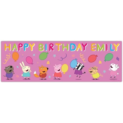 Image of Peppa Pig Birthday - Party Balloons Pink Personalised Banner Wall Sticker (180cm width x 60cm height)