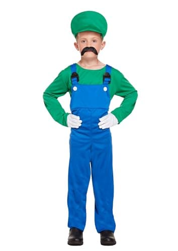 Image of HENBRANDT Children’s Green Super Plumber Fancy Dress Costume Retro 1980s Videogame Green + Blue Overalls Moustache Brothers Size Large Ages 10-12 Fancy Dress for Boys Super Workman Outfit for Kids