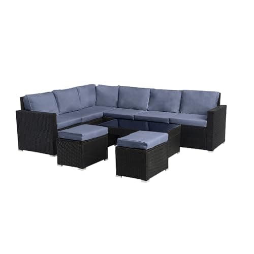 Image of Panana 8 Seater Rattan Garden Sofa Set with Coffee Table Stool, Outdoor Lounge Set with Cushions & Free Cover, Garden Seating for Patio Conservatory Balcony (Black with Grey Cushions)