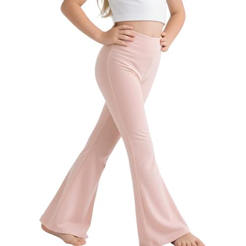 Image of Sahunfri Girls Flared Leggings High Waisted Tummy Control Yoga Pants for Kids, Breathable Stretchy School Trousers Suitable for Dance (UK, Age, 14 Years, 16 Years, Regular, Pink)