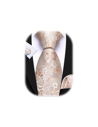 Image of Barry.Wang Floral Ties Set Mens Silk Necktie Champagne Pocket Square Cufflinks for Formal Wedding Business