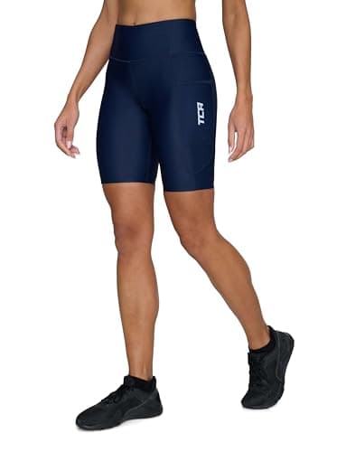 Image of TCA Women's 3/4 Padded Cycling Leggings High Waist Breathable Bike Shorts with Pockets Anti-Slip Quick Dry - Navy Blazer - Short, M