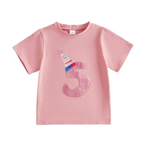 Image of MAHUAOYIXI Baby Girls Birthday Tops for Kids Girls T Shirt Short Sleeve Crewneck Number Embroidery Pullover Toddler Birthday Summer Clothes (Pink Five, 5-6 Years)